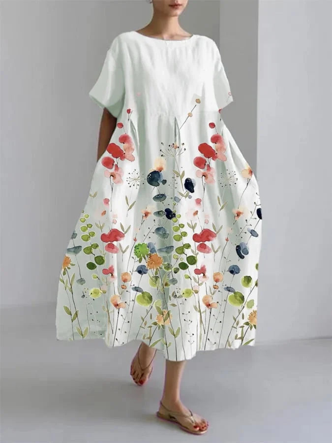 Floral Print Round Neck Short Sleeve Oversized Midi Dress
