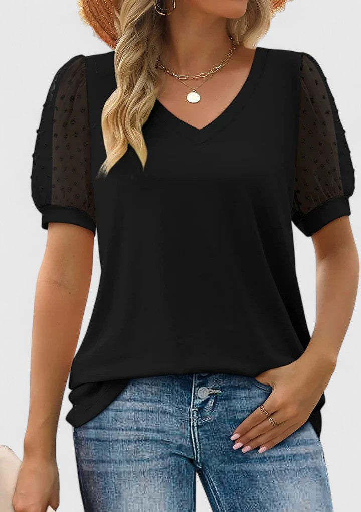 V-Neck Swiss Dot Mesh Puff Short Sleeve Top
