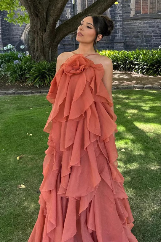 3D Floral Halter Neck Tiered Ruffle Maxi Gown