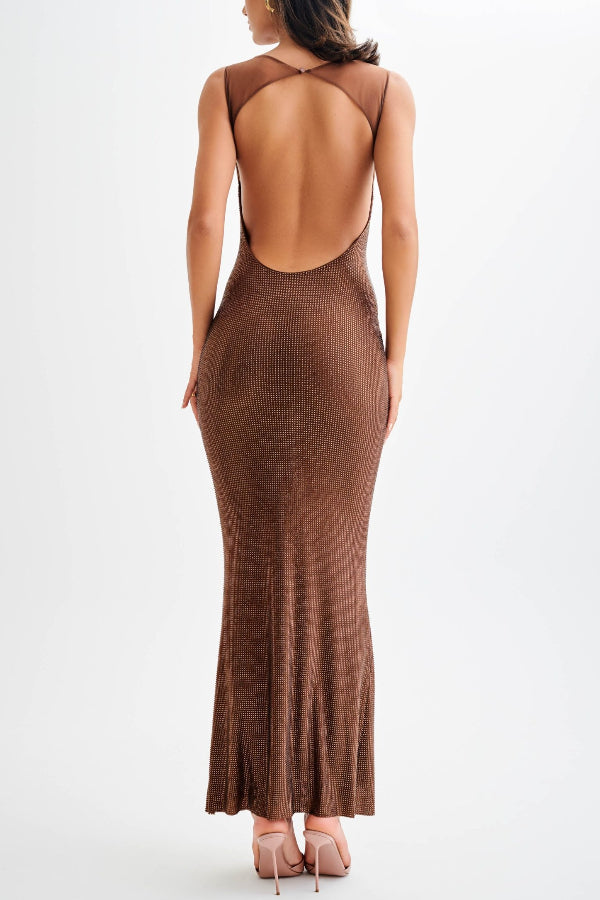 Purple Chic Midnight Fantasy Stretch Sequin Mesh Strap Open Back Maxi Dress Boutique Edit
