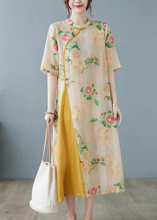 Floral Print Mandarin Collar Frog Closure Asymmetric Panel Short Sleeve Midi Dress