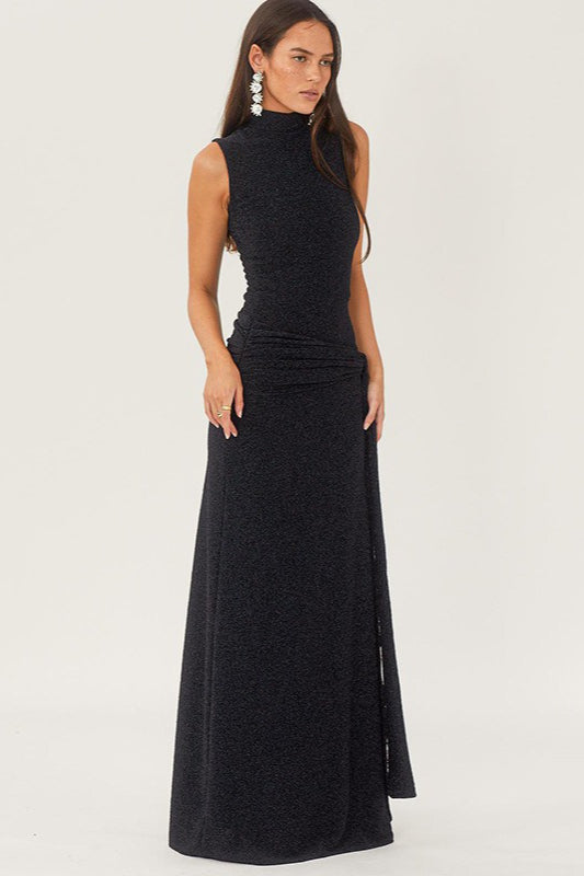 Glitter Mock Neck Sleeveless Ruched Hip Column Maxi Party Gown