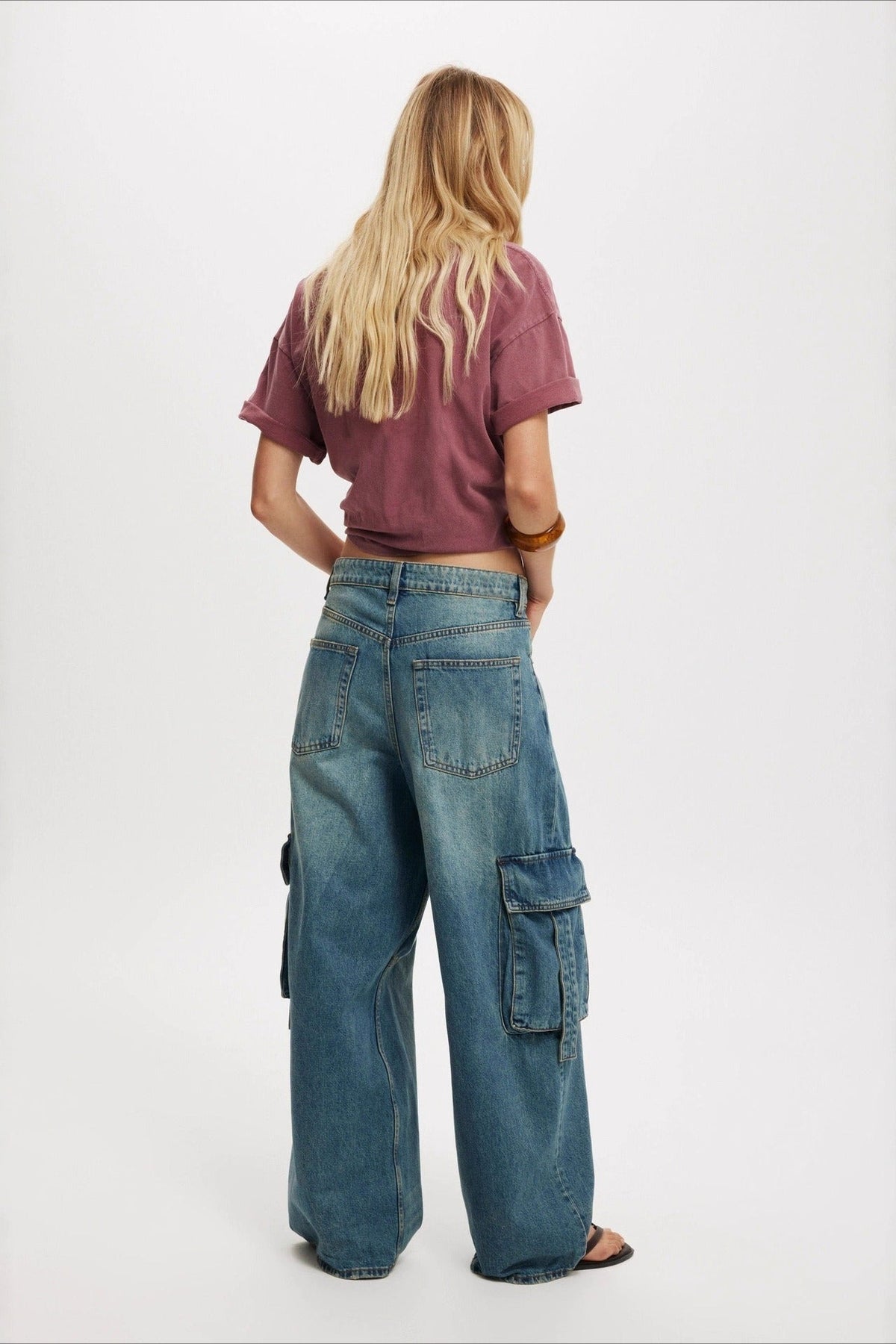 Mid Rise Faded Wash Strap Cargo Pocket Wide Leg Jeans 2