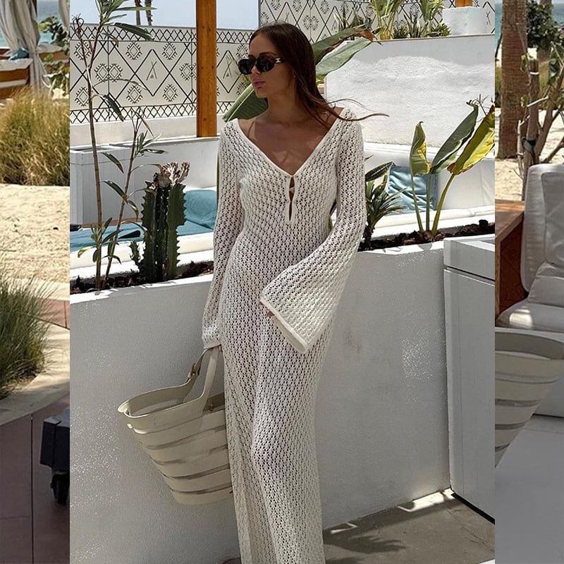 Crochet Deep V-Neck Bell Sleeve Fitted Maxi Dress