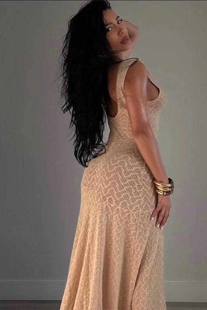Alluring O Neck See Through Fit and Flare Maxi Dress