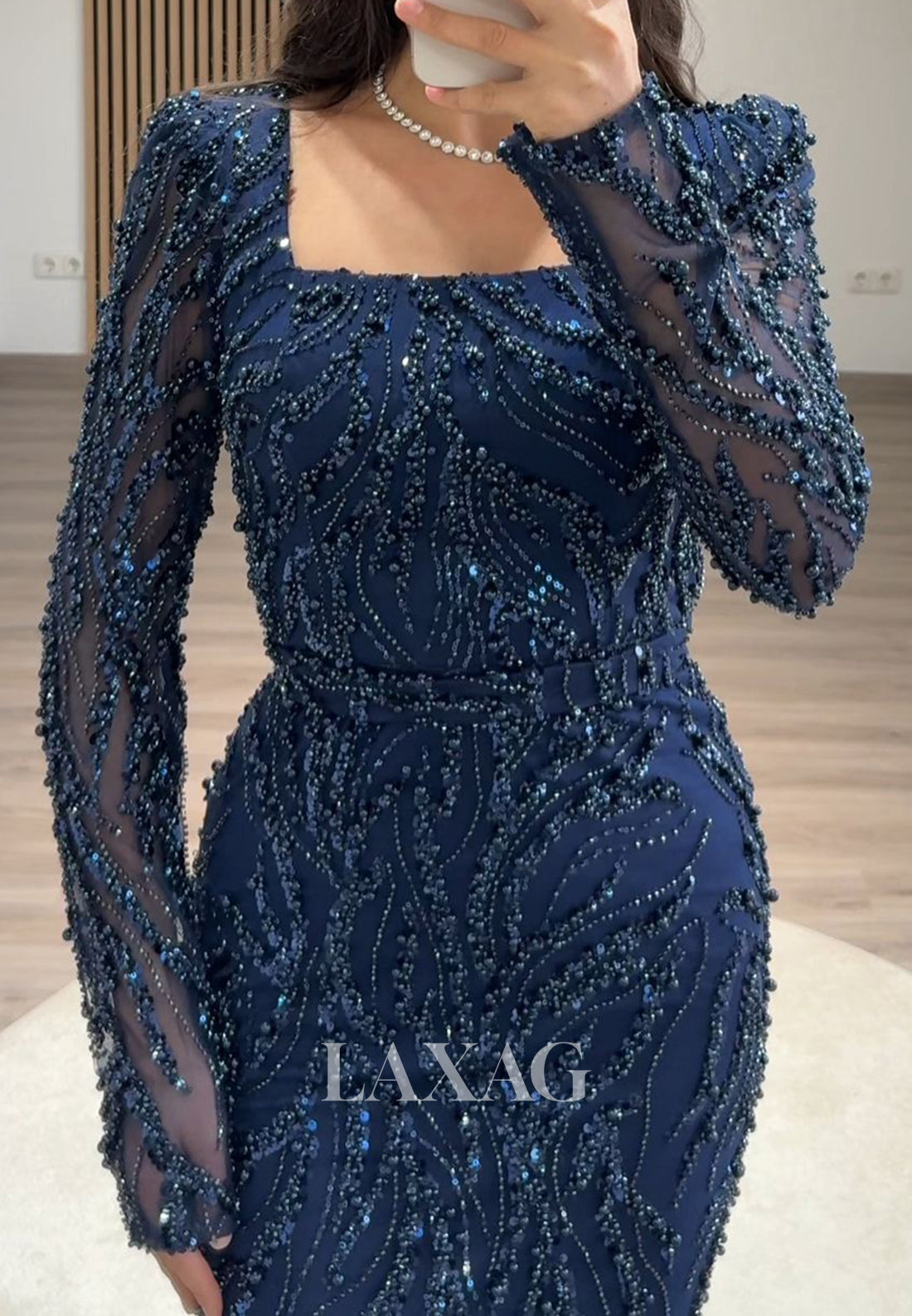 Square-Neck Long Sleeves Pleated Mermaid Prom Dress Beaded Sequined Floor-Length Evening Gowns