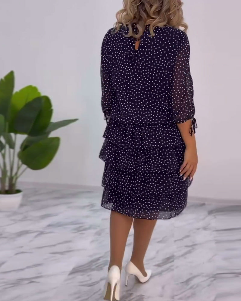Polka Dot Chiffon Three Quarter Sleeve Tie Cuff Tiered Midi Dress