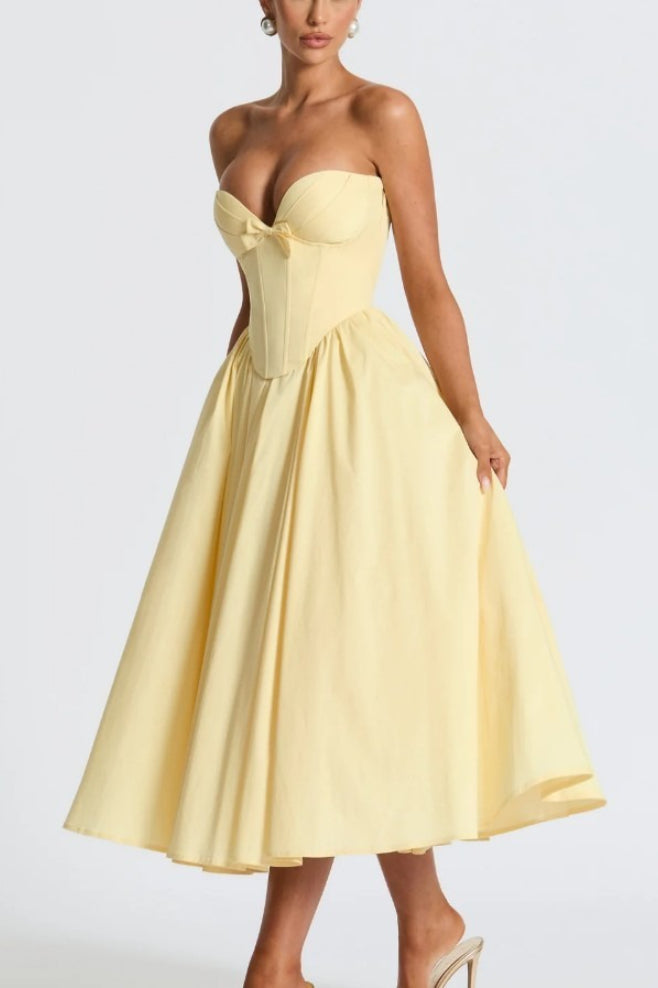 Strapless Bow Corset Satin Fit and Flare Midi Dress