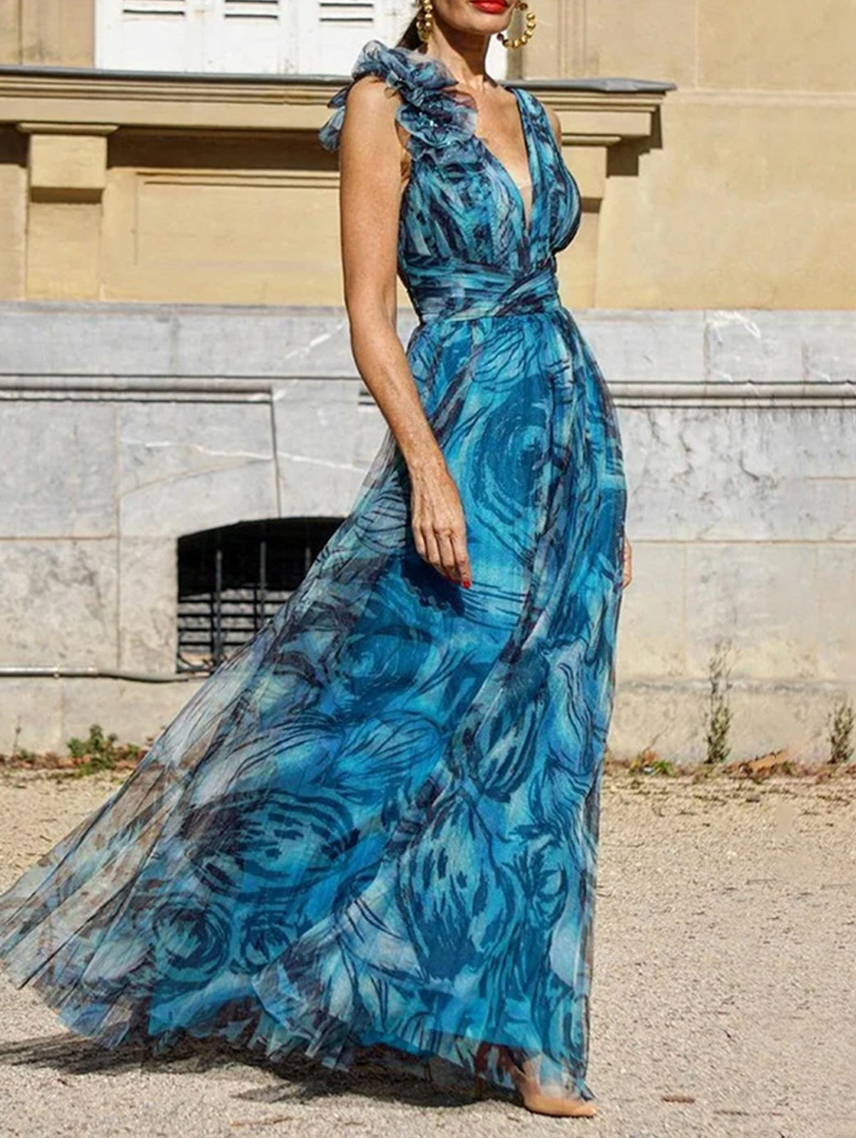 Peacock Blue Stereo Floral Decor Allover Pattern Maxi Dress