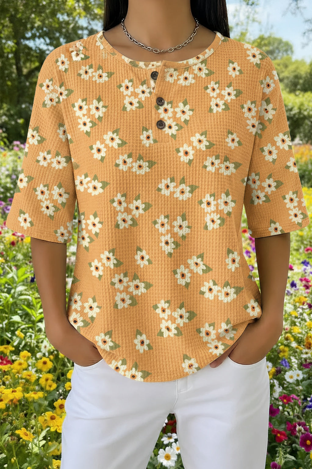 Daisy Floral Print Waffle Knit Henley Short Sleeve Top