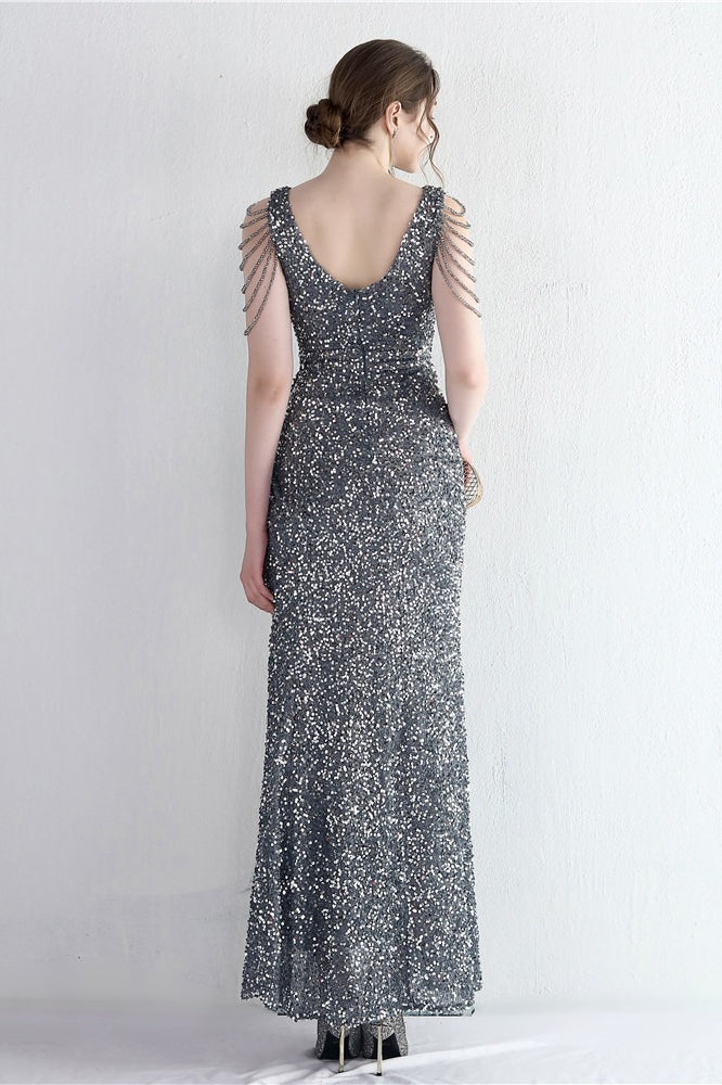 Sequin V-Neck Beaded Fringe High Split Mermaid Gown