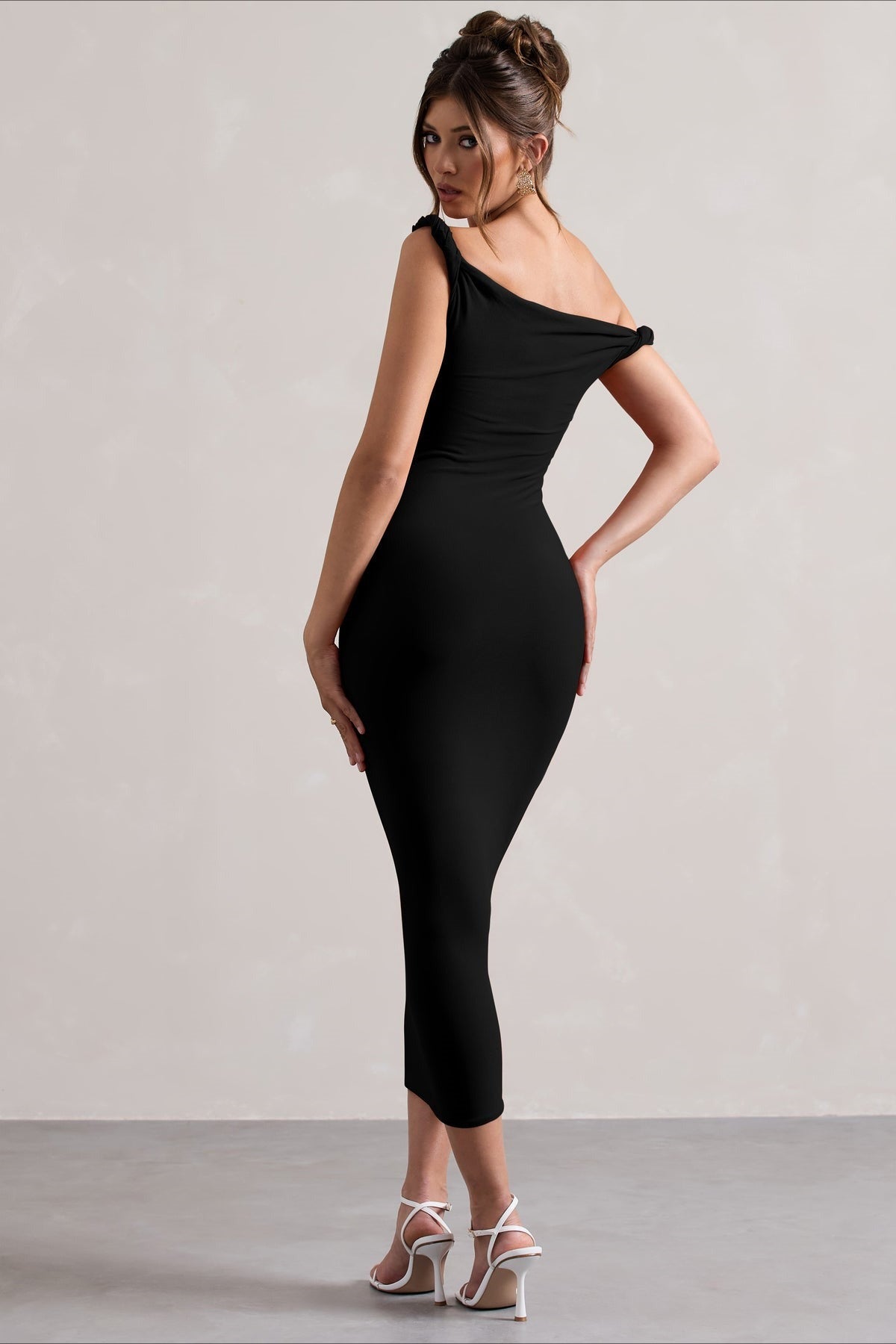 One Shoulder Twist Strap Bodycon Midi Party Dress