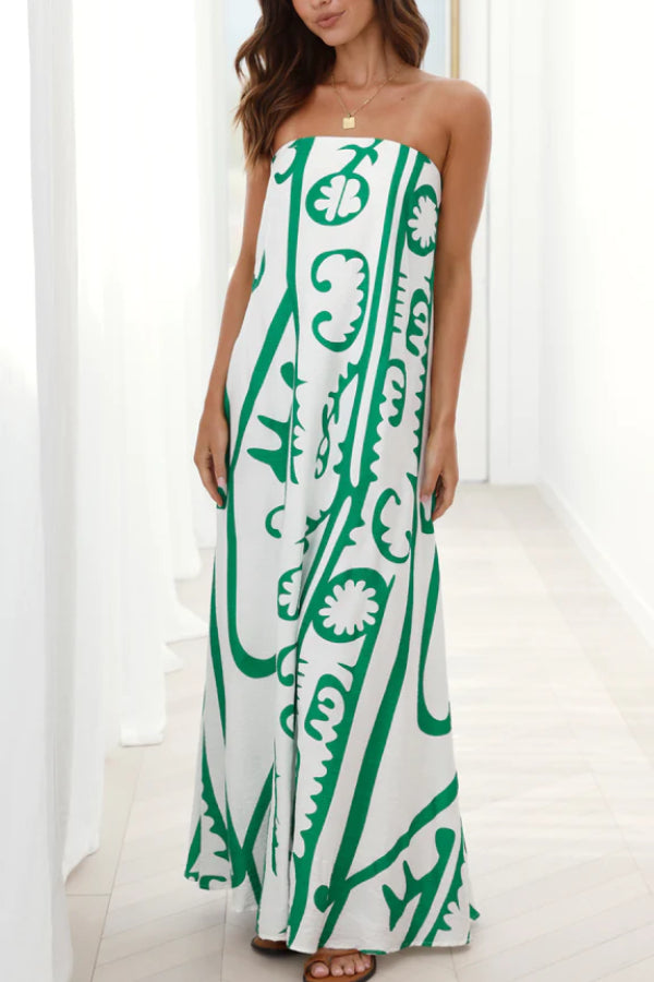 Abstract Print Strapless A-Line Maxi Summer Dress