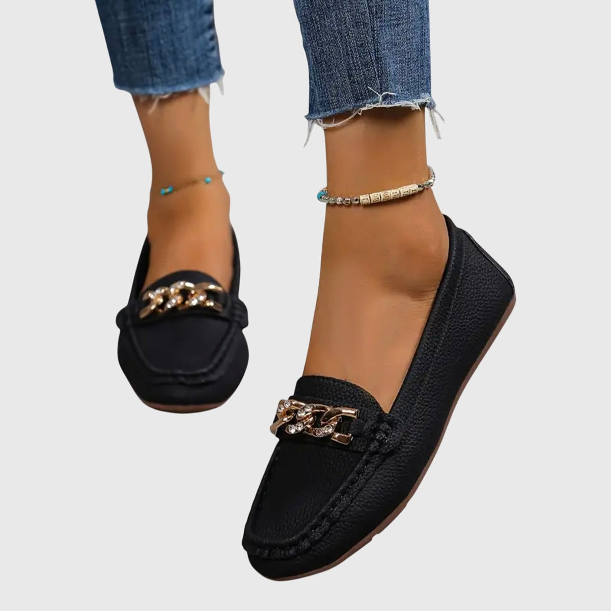 Chain Embellished Round Toe Slip On Loafers