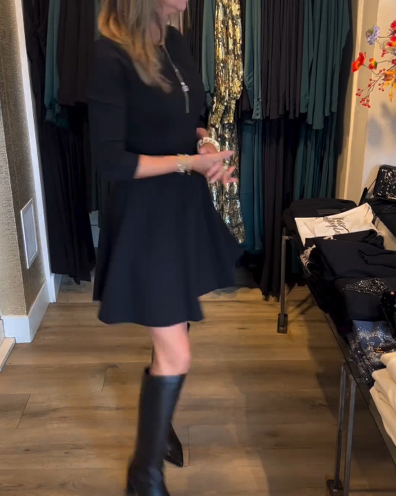 Round Neck Exposed Zip Front Three Quarter Sleeve A-Line Mini Dress