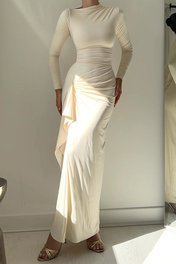 Long Sleeve High Neck Ruched Side Ruffle Slit Maxi Dress 2