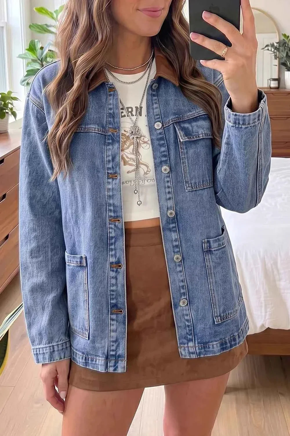 Contrast Collar Button Front Patch Pocket Longline Denim Jacket