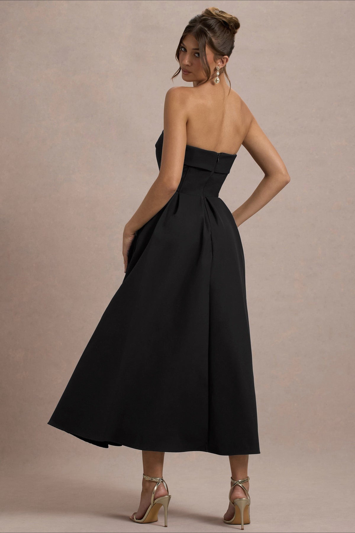 Strapless Fold Over Neck Box Pleat A-Line Midi Cocktail Dress
