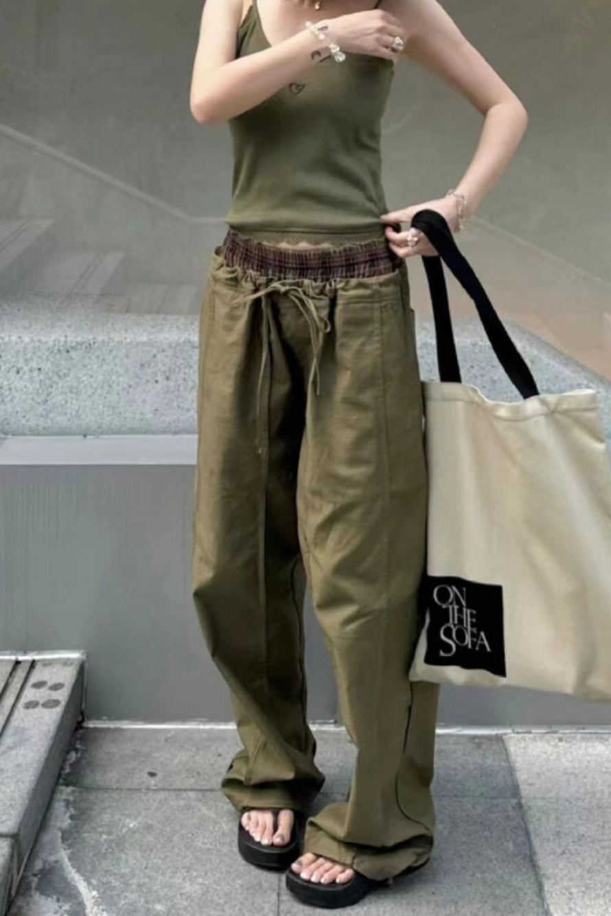 Plaid Double Waistband Drawstring Loose Wide Leg Pants 3