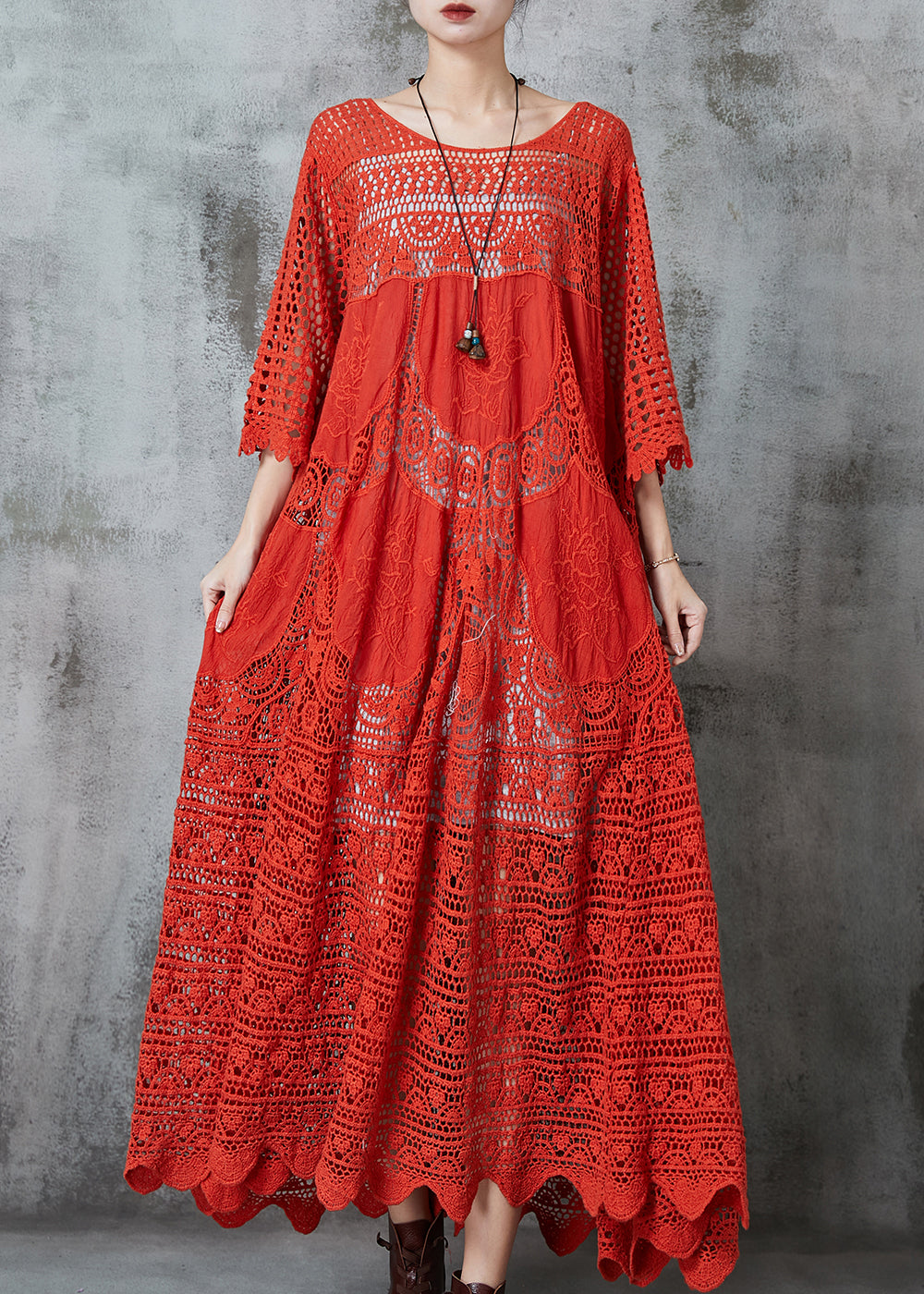 Crochet Lace Embroidered Floral Three Quarter Bell Sleeve Lace Panel Maxi Dress