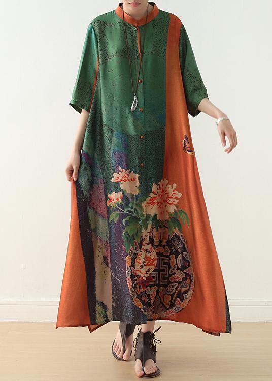 Floral Vase Print Mandarin Collar Half Sleeve Colorblock Linen Blend Maxi Dress