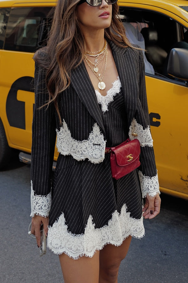 Pinstripe V-Neck Long Sleeve Lace Trim Blazer Mini Two Piece Set