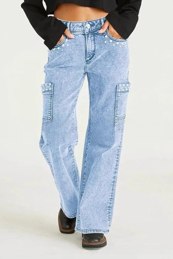 Y2K Pearl Embellished High Waist Boyfriend Straight Jeans