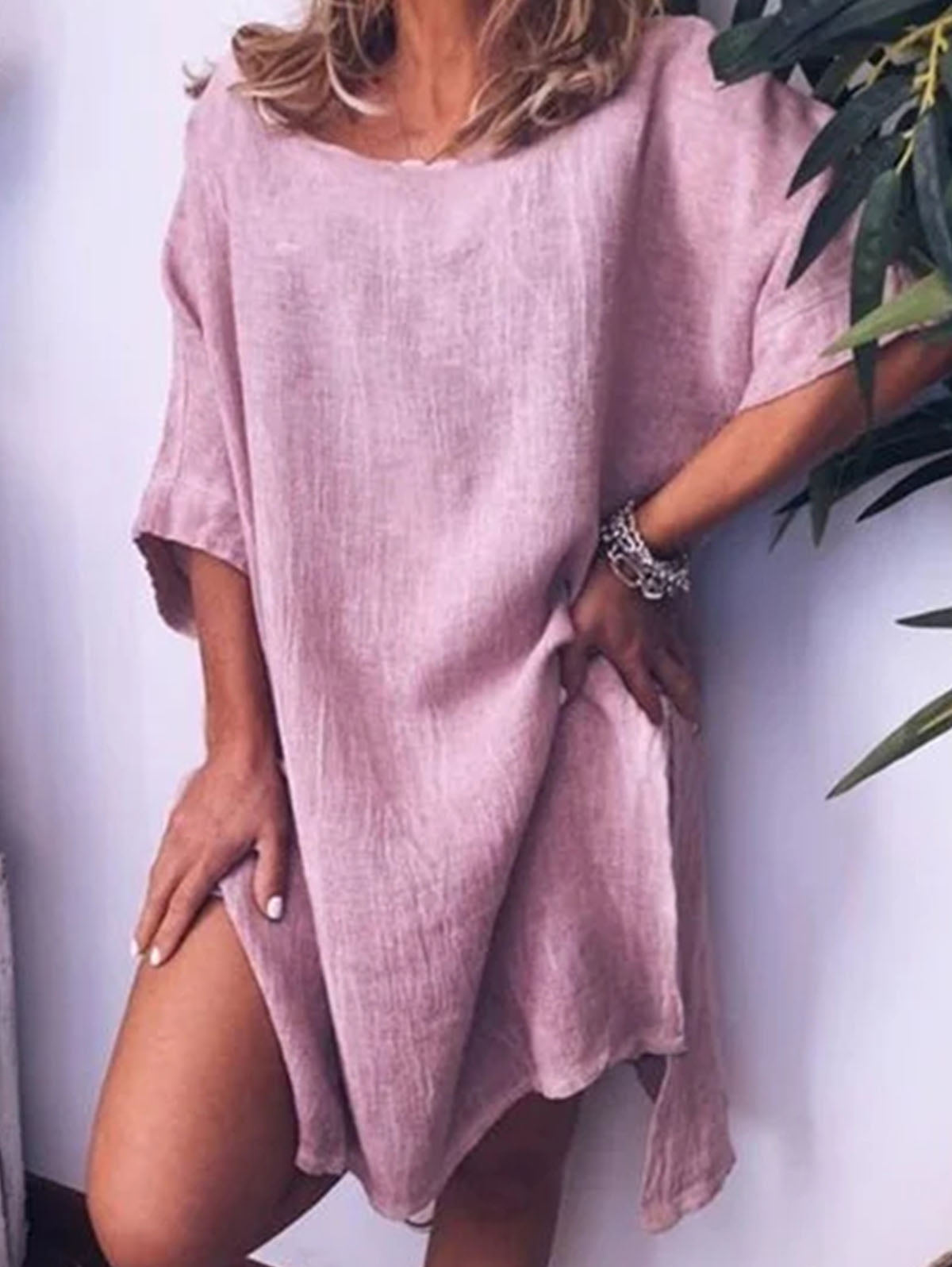 Linen Look Drop Shoulder Round Neck Pocket Relaxed Shift Mini Dress