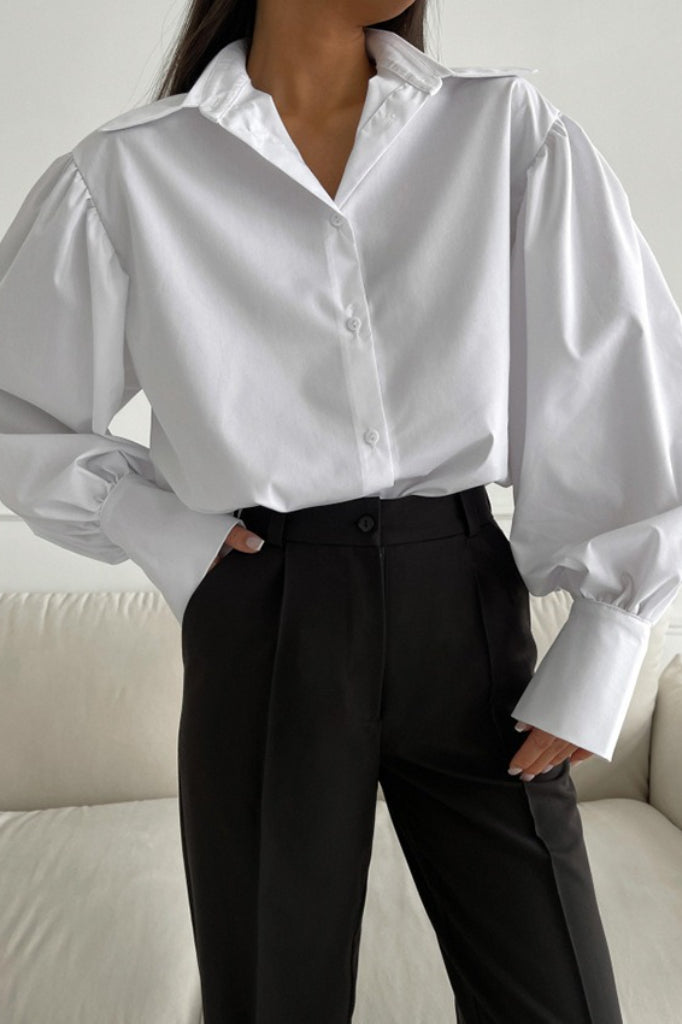 Collared Balloon Sleeve Curved Hem Oversized Button Front Shirt 2
