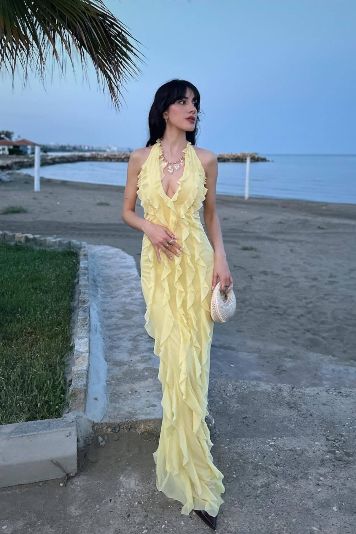 Chiffon Halter Deep V-Neck Ruffle Trim Backless Slip Maxi Dress