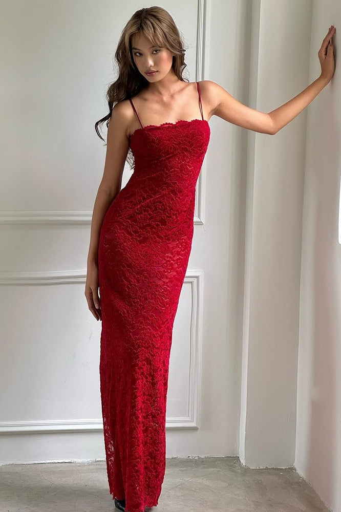 Lace Square Neck Spaghetti Strap Bodycon Maxi Dress
