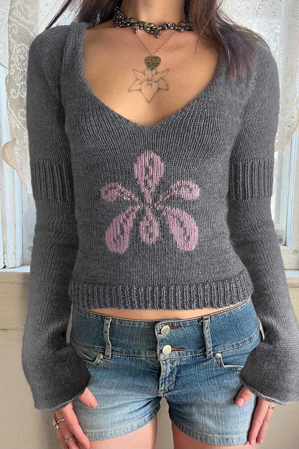 Floral Knit V Neck Cropped Sweater