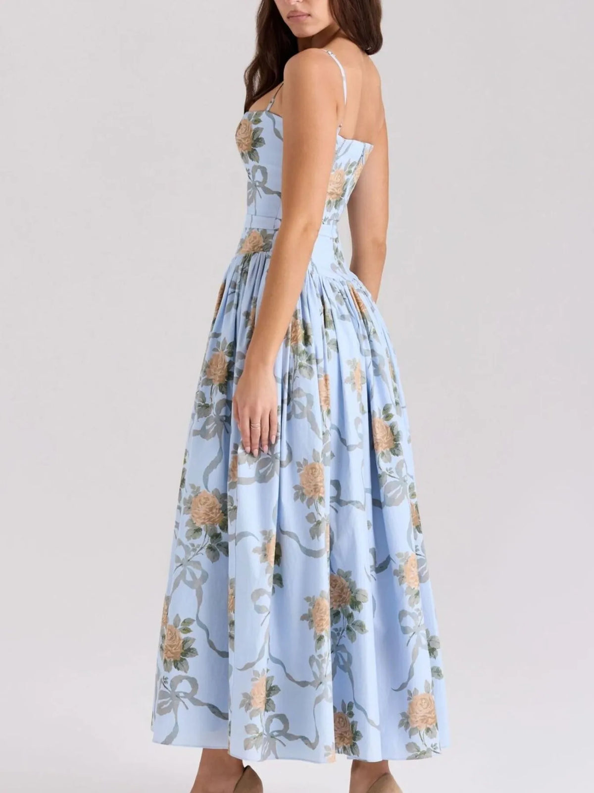 Floral Ribbon Print Corset Bodice Cami Pleated Midi Dress 3