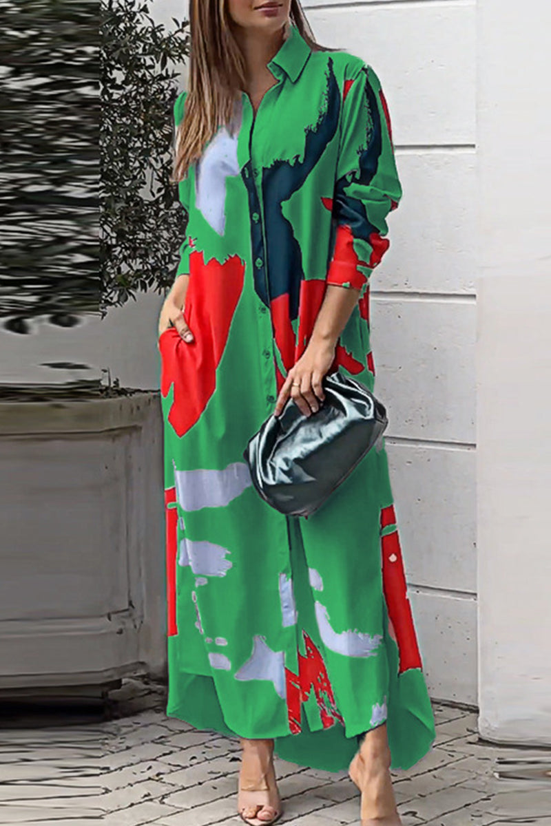 Collared Button Front Long Sleeve Pocket Slit Maxi Shirt Dress