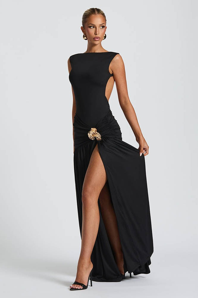 High Neck Backless Ruched Mermaid Maxi Dress