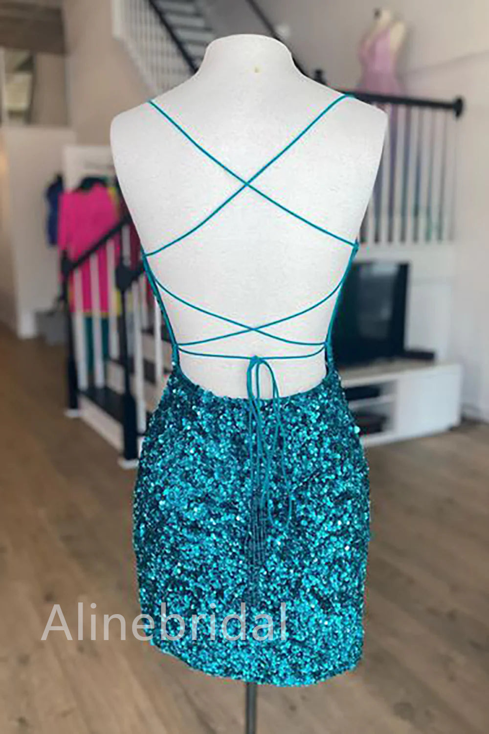 Sequin Straight Neck Spaghetti Strap Bodycon Short Homecoming Dress 2