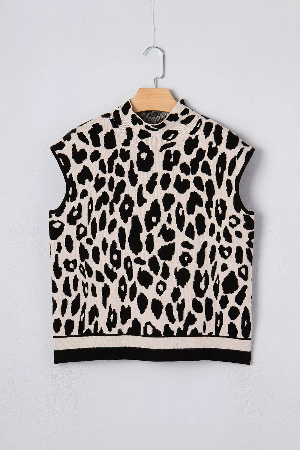 Leopard Print Mock Neck Cap Sleeve Contrast Trim Knit Sweater Top 7