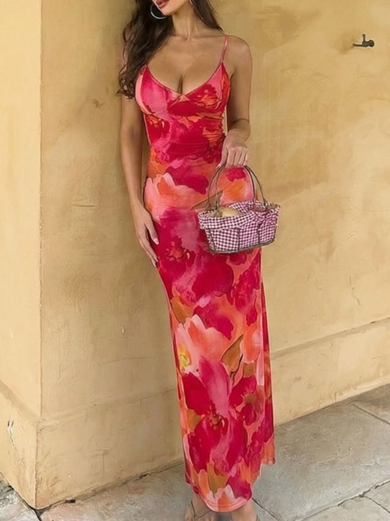 Floral Print Spaghetti Strap Bodycon Maxi Dress