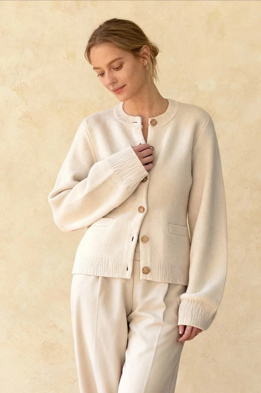 Crew Neck Button Front Long Sleeve Ribbed Trim Pocket Knit Cardigan