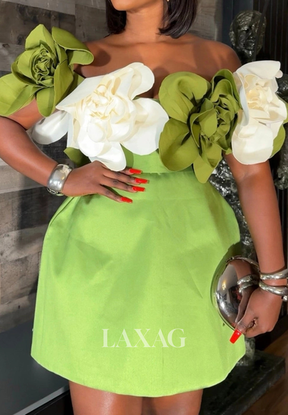 Off-Shoulder Multi-Color Floral Embellished Pleated Satin Fitted Party Homecoming Dress