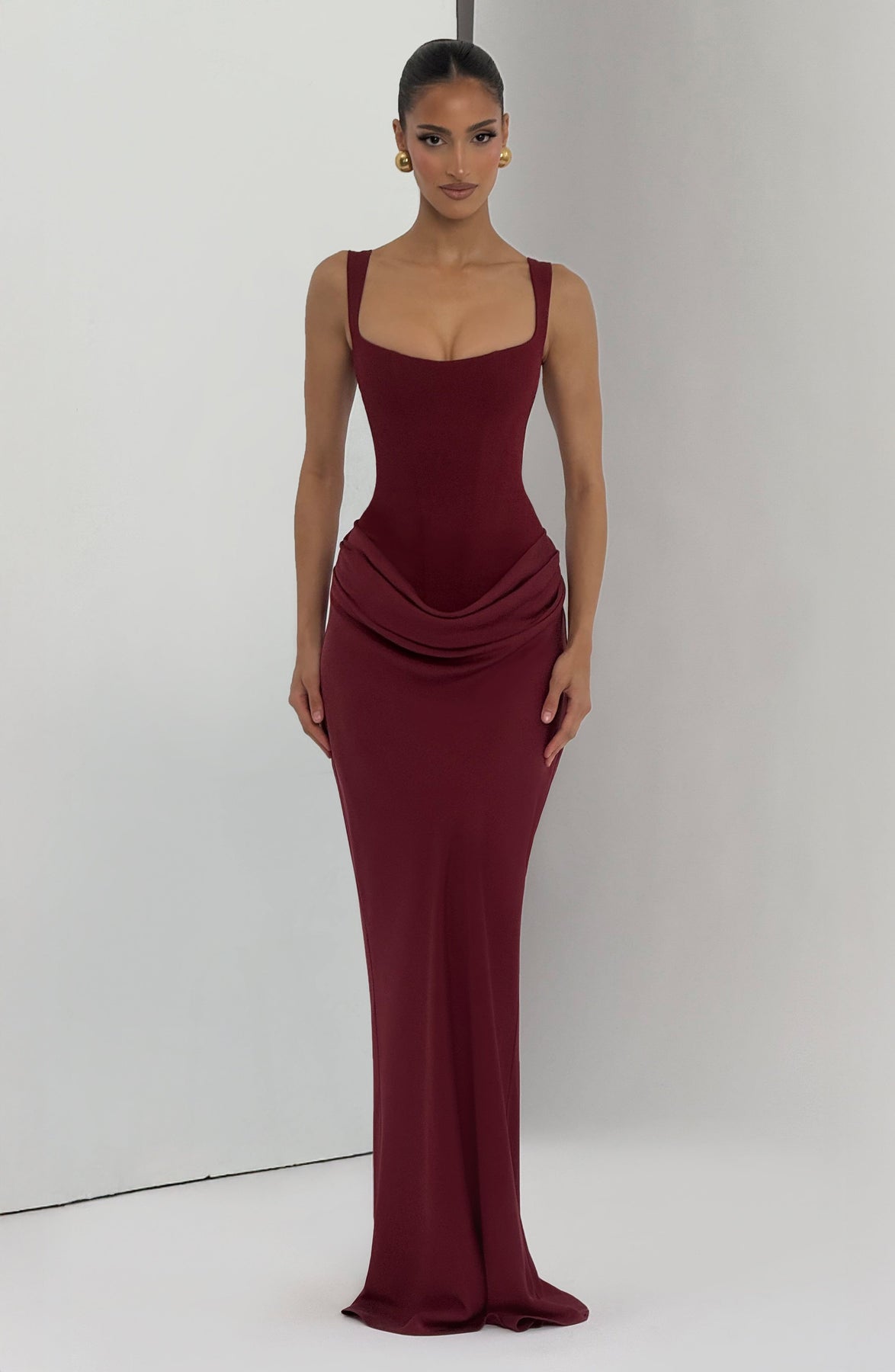 Corset Bodice Square Neck Draped Hip Sleeveless Maxi Dress 36