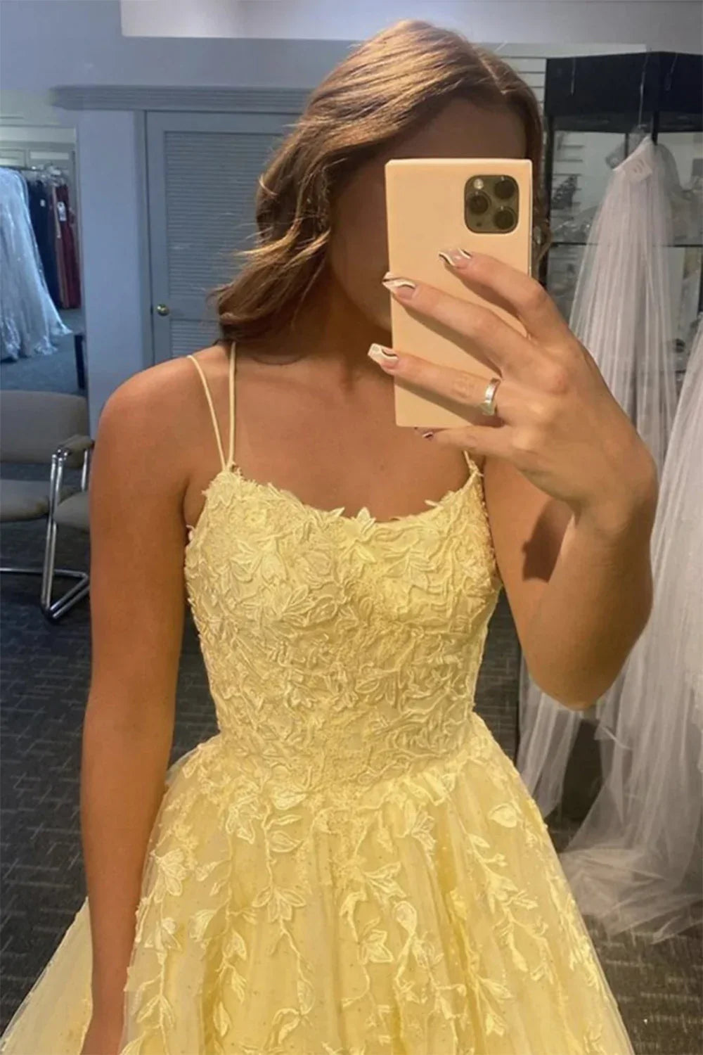 Princess A Line Spaghetti Straps Light Champagne Long Prom Dress with Appliques