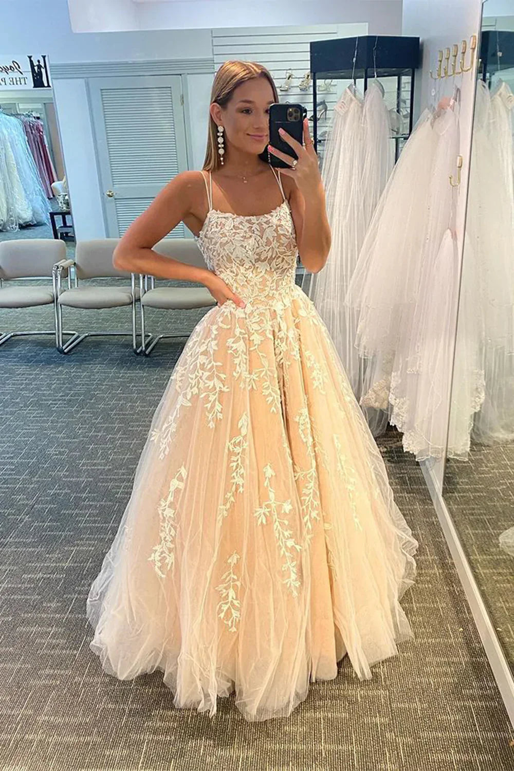 Princess A Line Spaghetti Straps Light Champagne Long Prom Dress with Appliques