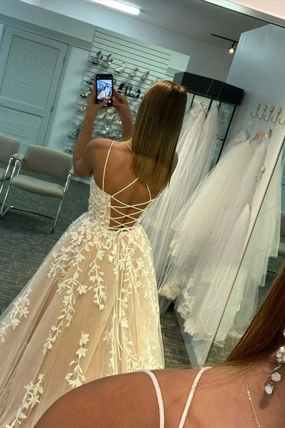Princess A Line Spaghetti Straps Light Champagne Long Prom Dress with Appliques