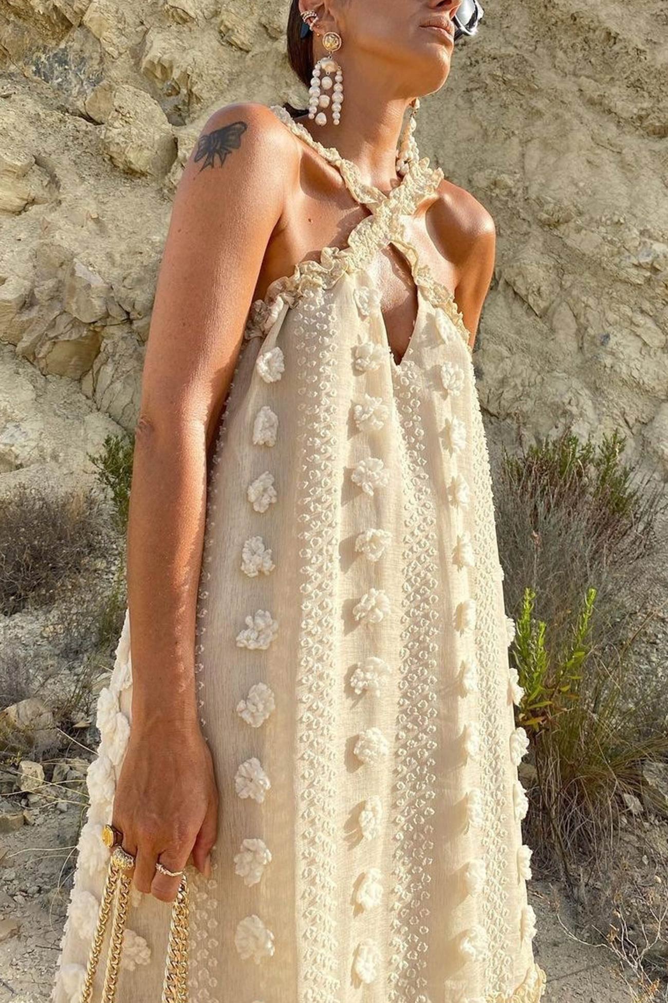 Appliqué Halter Neck Keyhole Tiered Maxi Dress 4