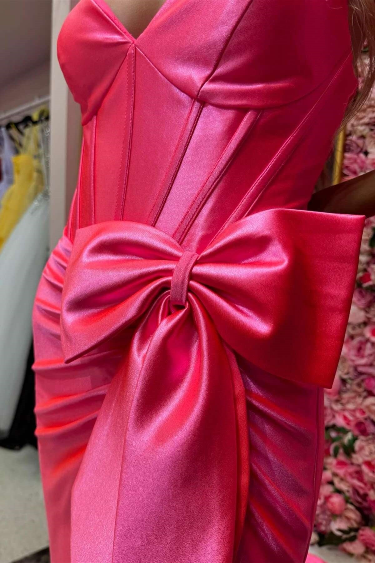 Lovely Pink Mermaid Lace Up Long Satin Prom Dress with Bowknot and Slit