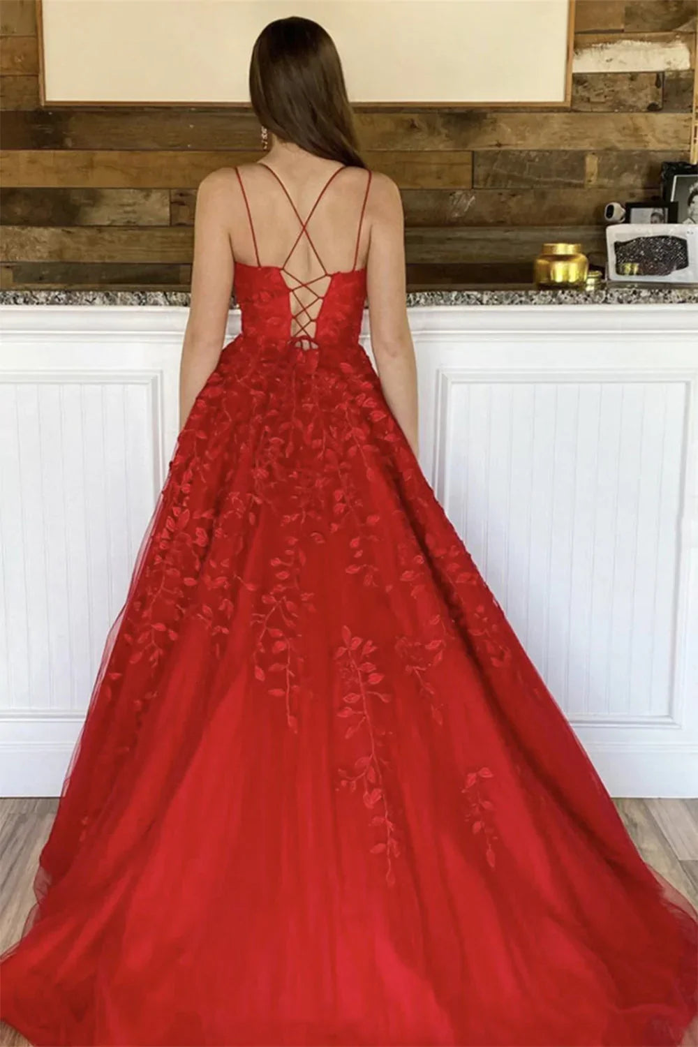 Princess A Line Spaghetti Straps Light Champagne Long Prom Dress with Appliques