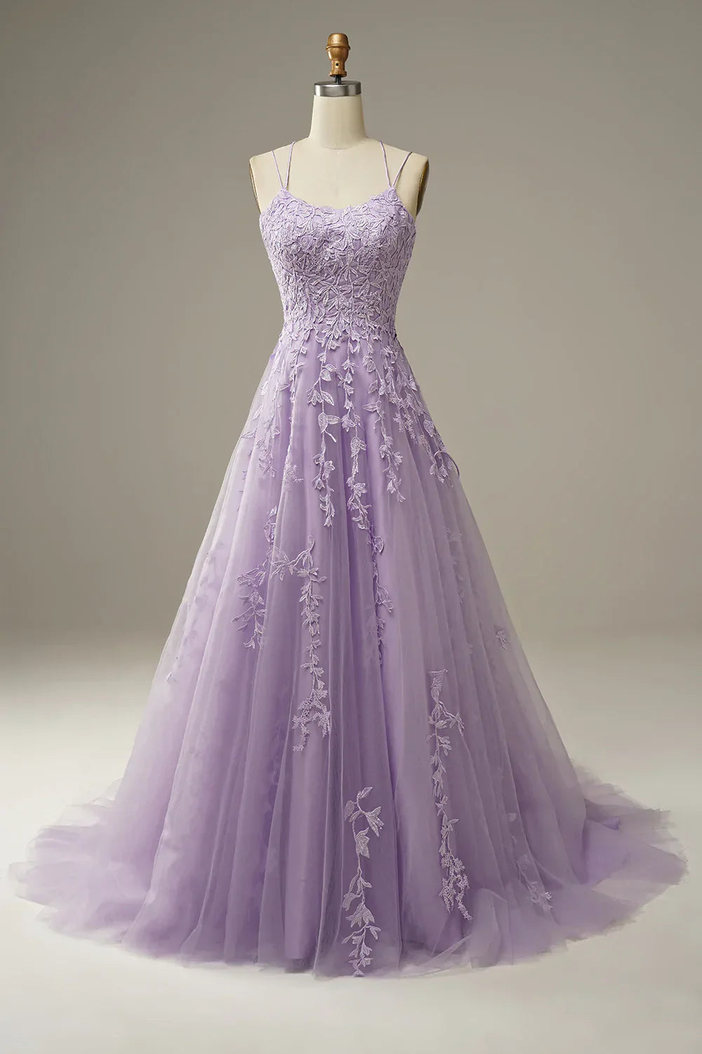 Princess A Line Spaghetti Straps Light Champagne Long Prom Dress with Appliques