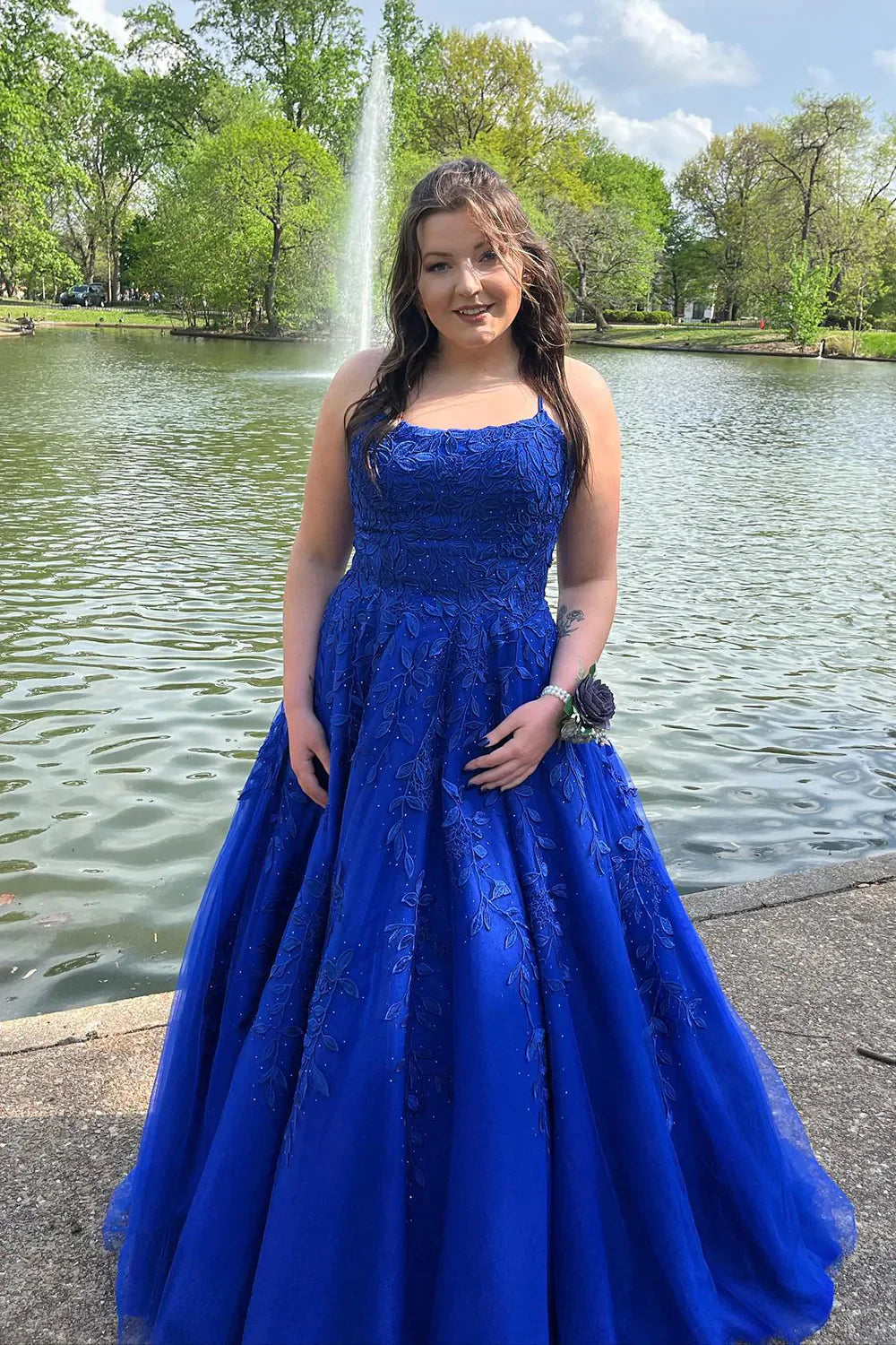 Princess A Line Spaghetti Straps Light Champagne Long Prom Dress with Appliques