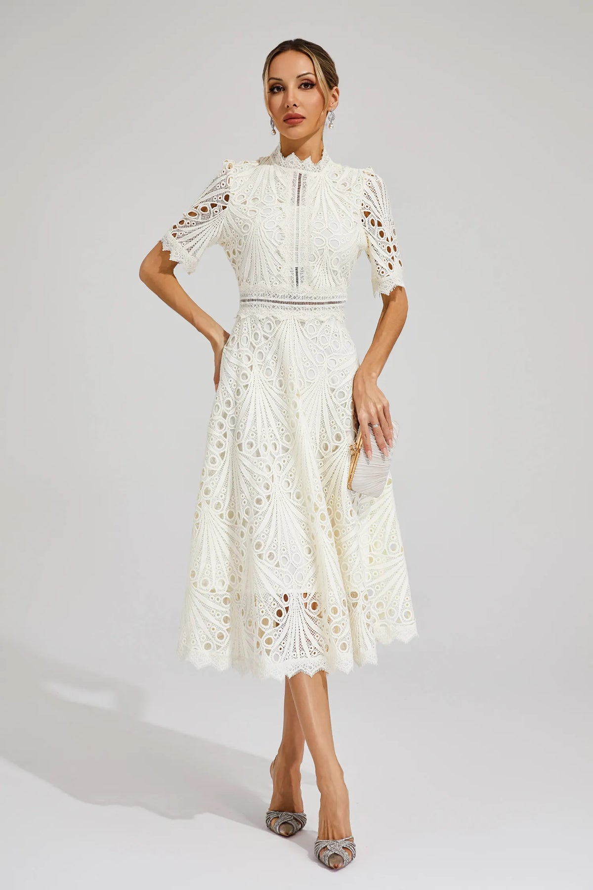 Eyelet Lace Mock Neck Short Puff Sleeve A-Line Midi Dress 14